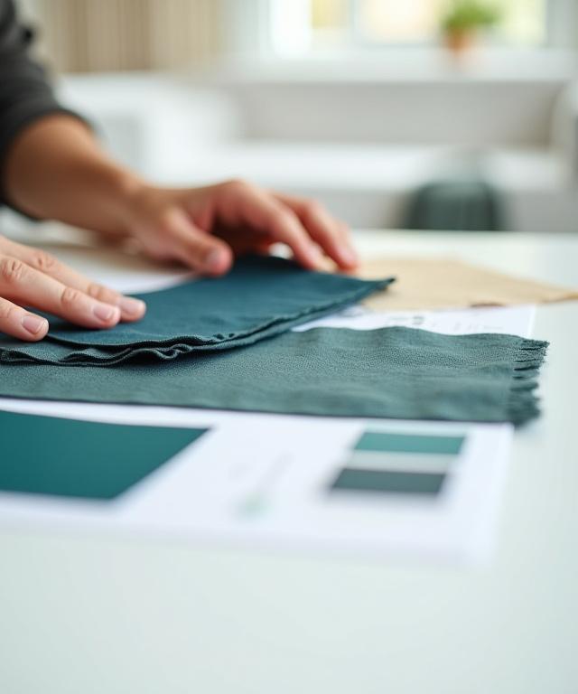 Person organizing a moodboard with fabric swatches and paint chips